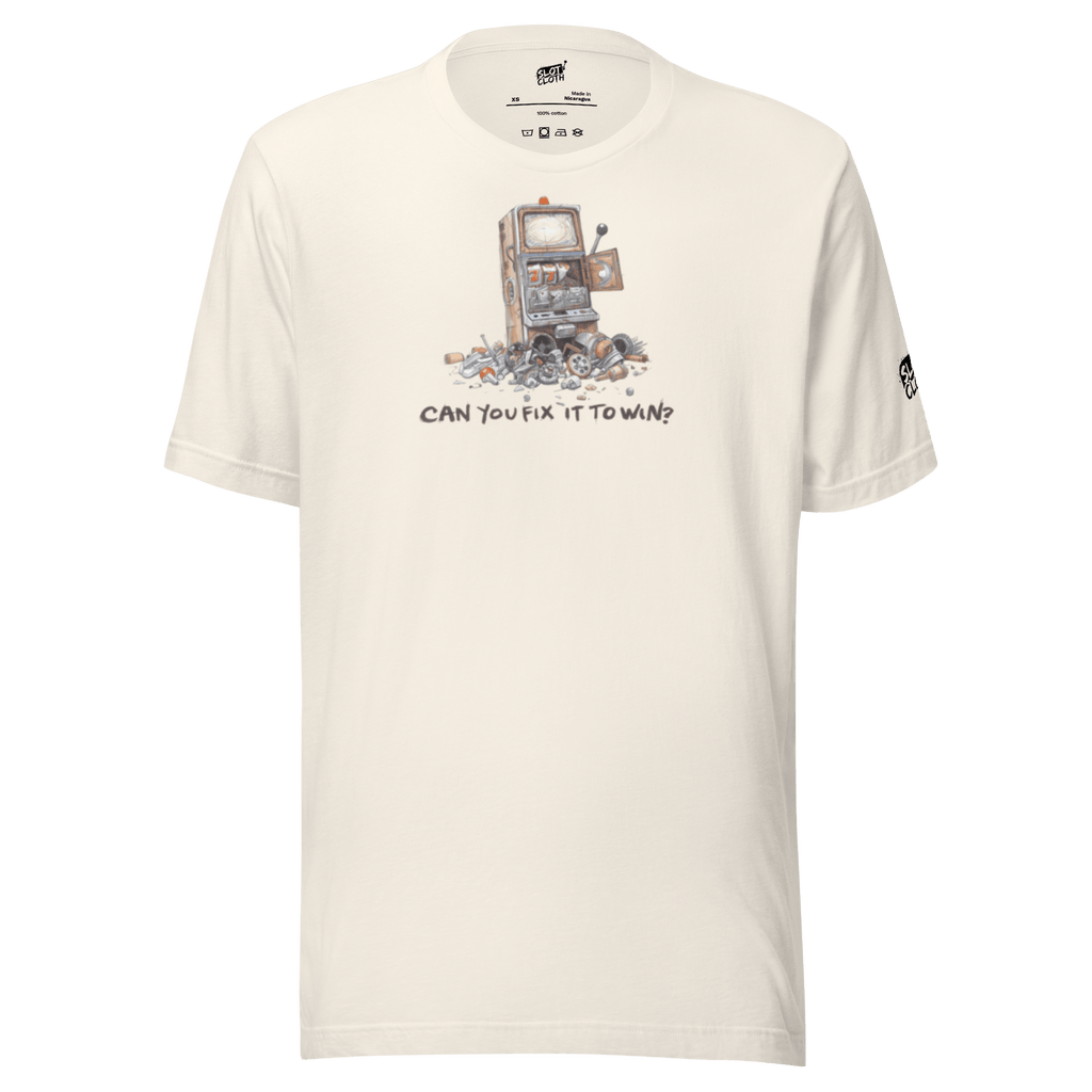 Slot-themed t-shirt with broken slot machine graphic and 'Can You Fix It To Win?' text