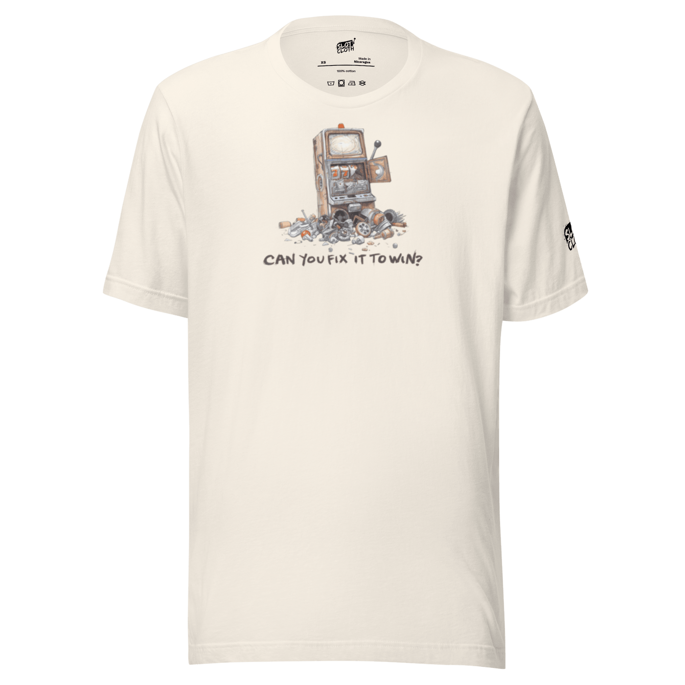 Slot-themed t-shirt with broken slot machine graphic and 'Can You Fix It To Win?' text