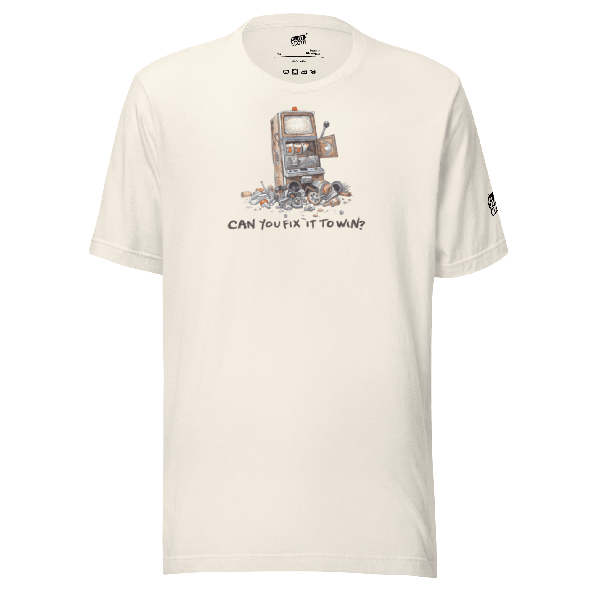 Slot-themed t-shirt with broken slot machine graphic and 'Can You Fix It To Win?' text