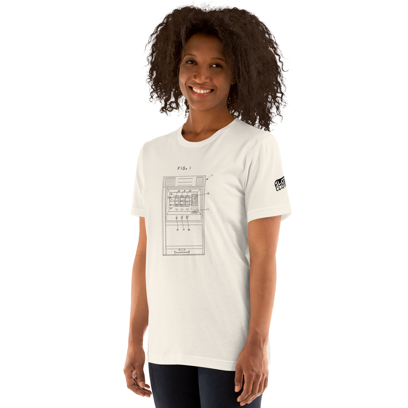 White t-shirt with slot machine blueprint design, perfect for casino enthusiasts and players