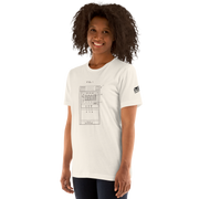White t-shirt with slot machine blueprint design, perfect for casino enthusiasts and players