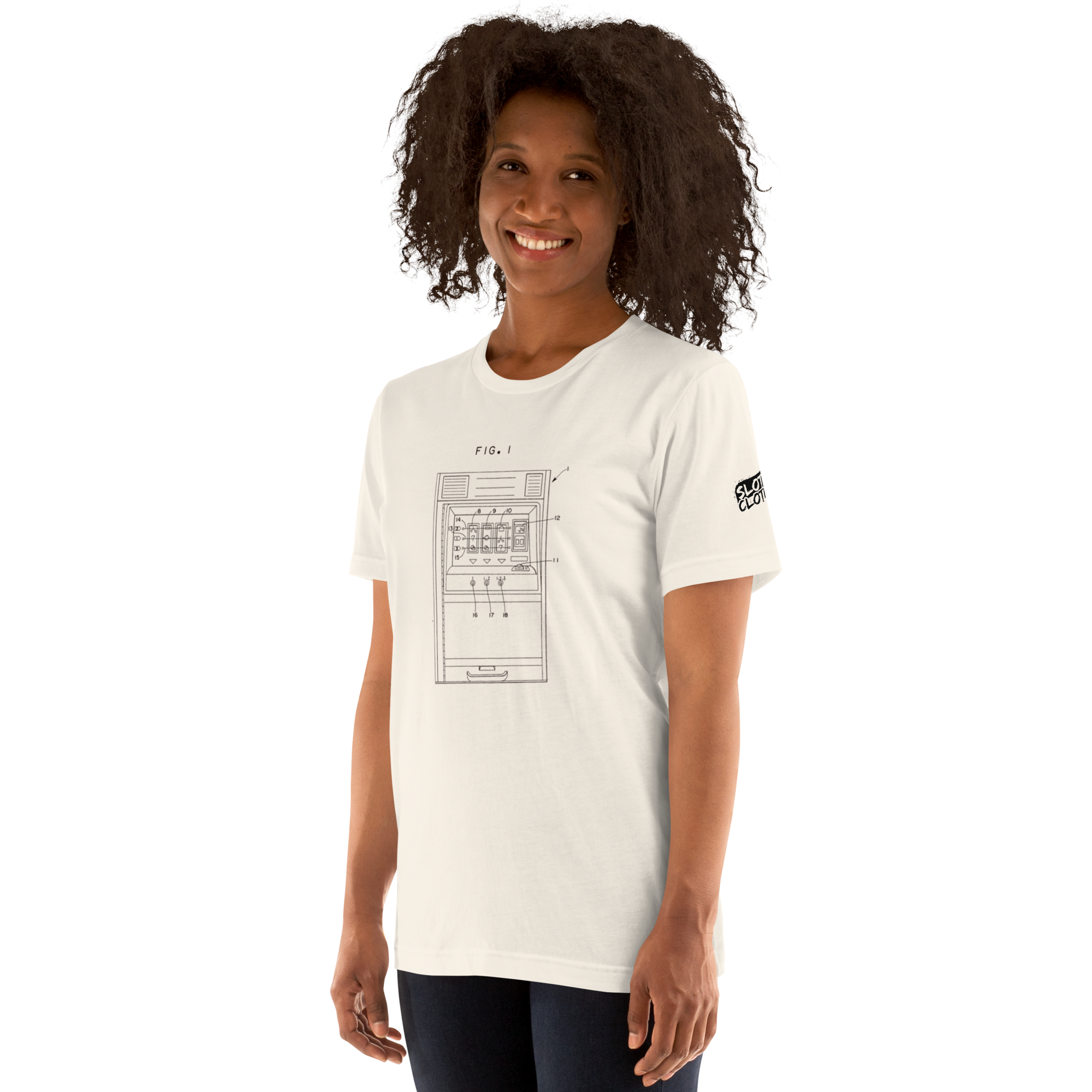 White t-shirt with slot machine blueprint design, perfect for casino enthusiasts and players