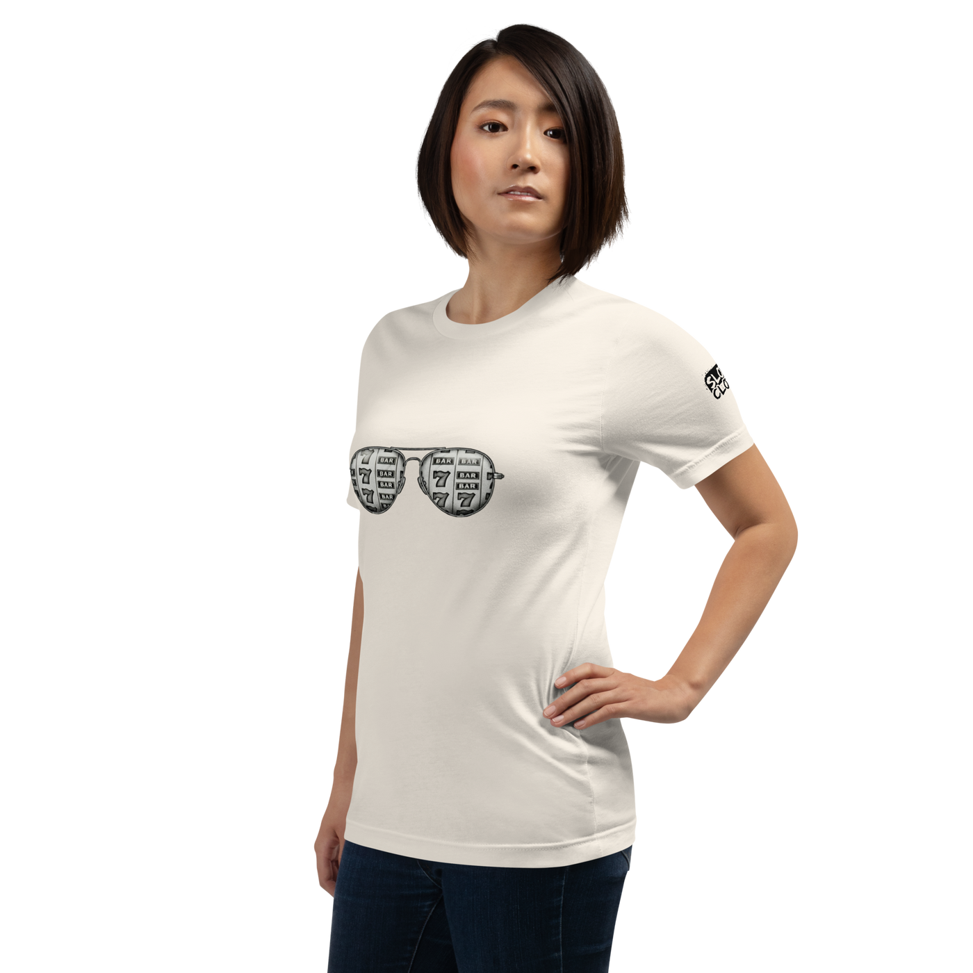 White t-shirt with slot machine-themed sunglasses design for players and pros