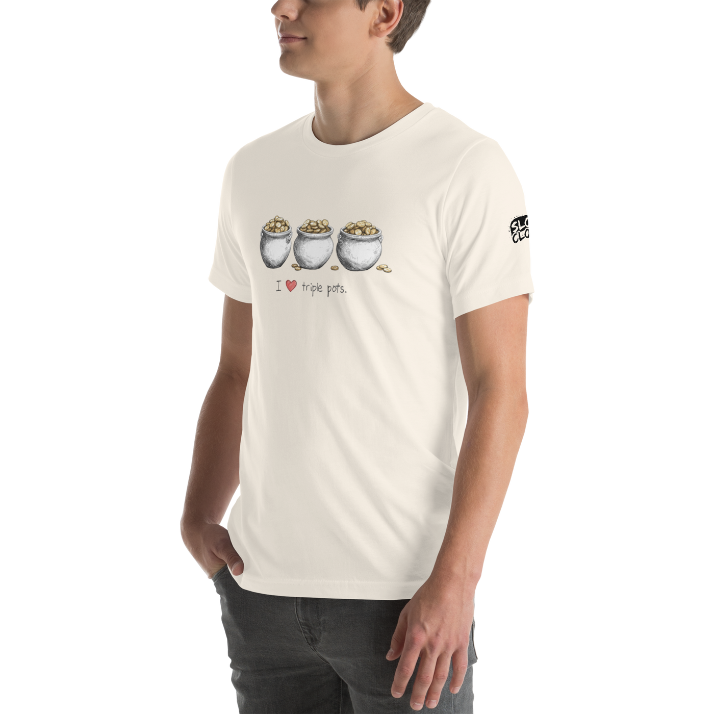 Man wearing cream t-shirt with 'I ❤️ triple pots' graphic, featuring three pots of gold coins, slot-themed apparel