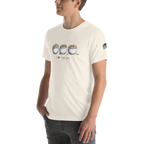 Man wearing cream t-shirt with 'I ❤️ triple pots' graphic, featuring three pots of gold coins, slot-themed apparel