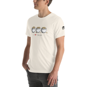 Man wearing cream t-shirt with 'I ❤️ triple pots' graphic, featuring three pots of gold coins, slot-themed apparel