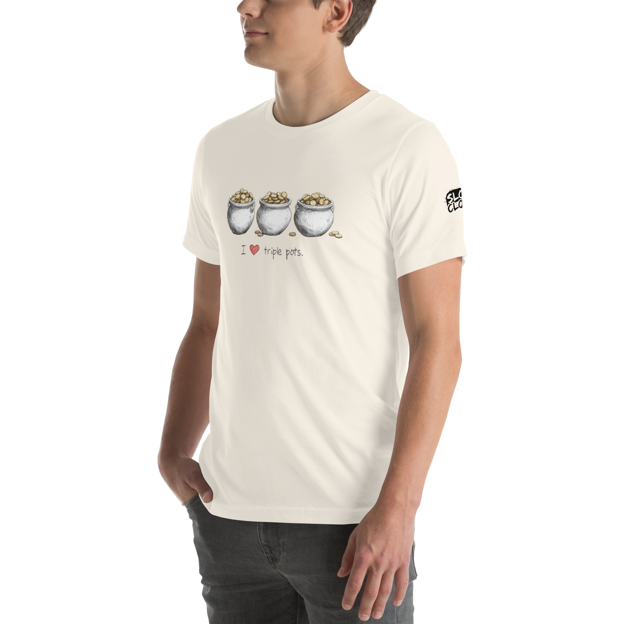 Man wearing cream t-shirt with 'I ❤️ triple pots' graphic, featuring three pots of gold coins, slot-themed apparel