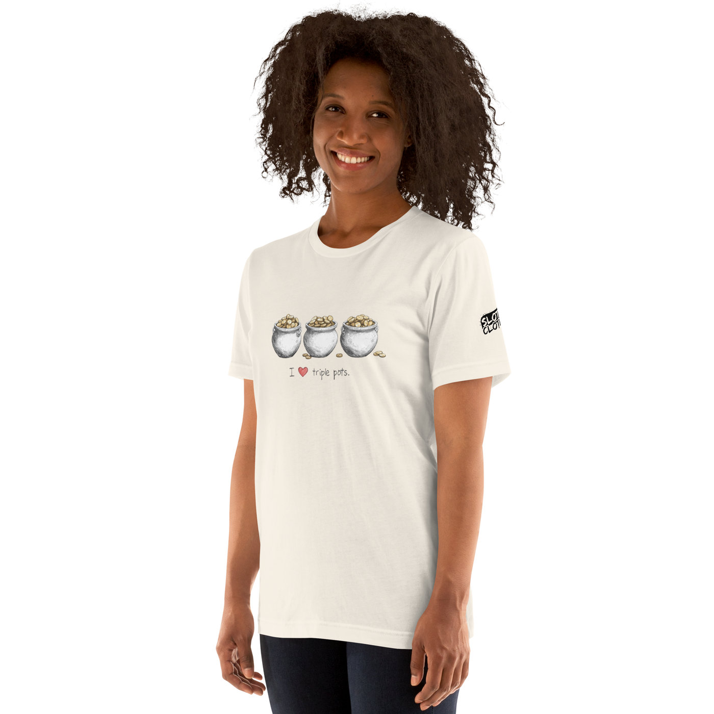 White t-shirt with 'I ❤️ triple pots' design featuring three pots of gold, perfect for slot-themed fashion.