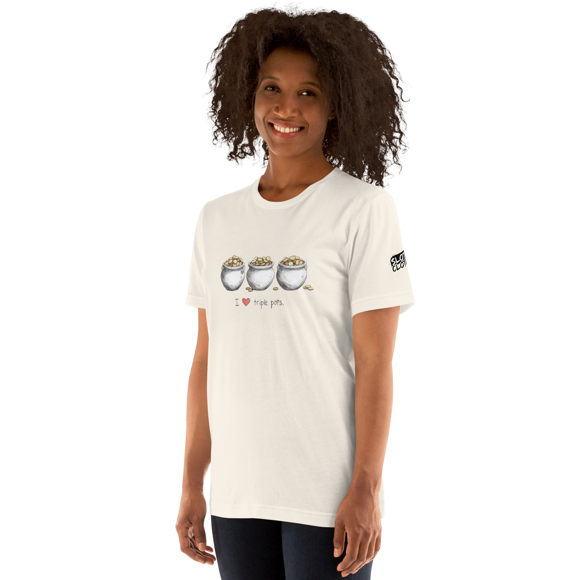White t-shirt with 'I ❤️ triple pots' design featuring three pots of gold, perfect for slot-themed fashion.