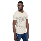 Man wearing cream t-shirt with vintage slot machine schematic diagram, quirky casino-themed apparel