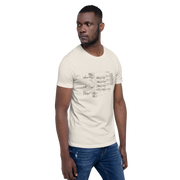 Man wearing cream t-shirt with vintage slot machine schematic diagram, quirky casino-themed apparel
