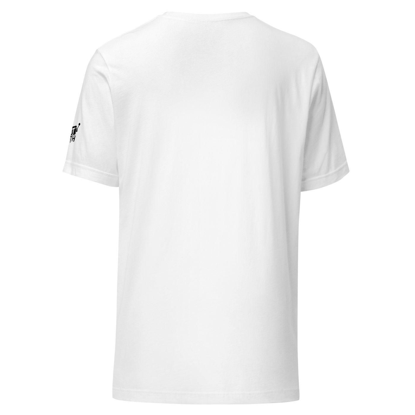 White t-shirt with small black logo on sleeve, slot-themed design for players