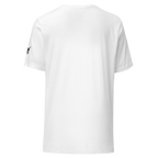 White t-shirt with small black logo on sleeve, slot-themed design for players