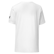 White t-shirt with small black logo on sleeve, slot-themed design for players