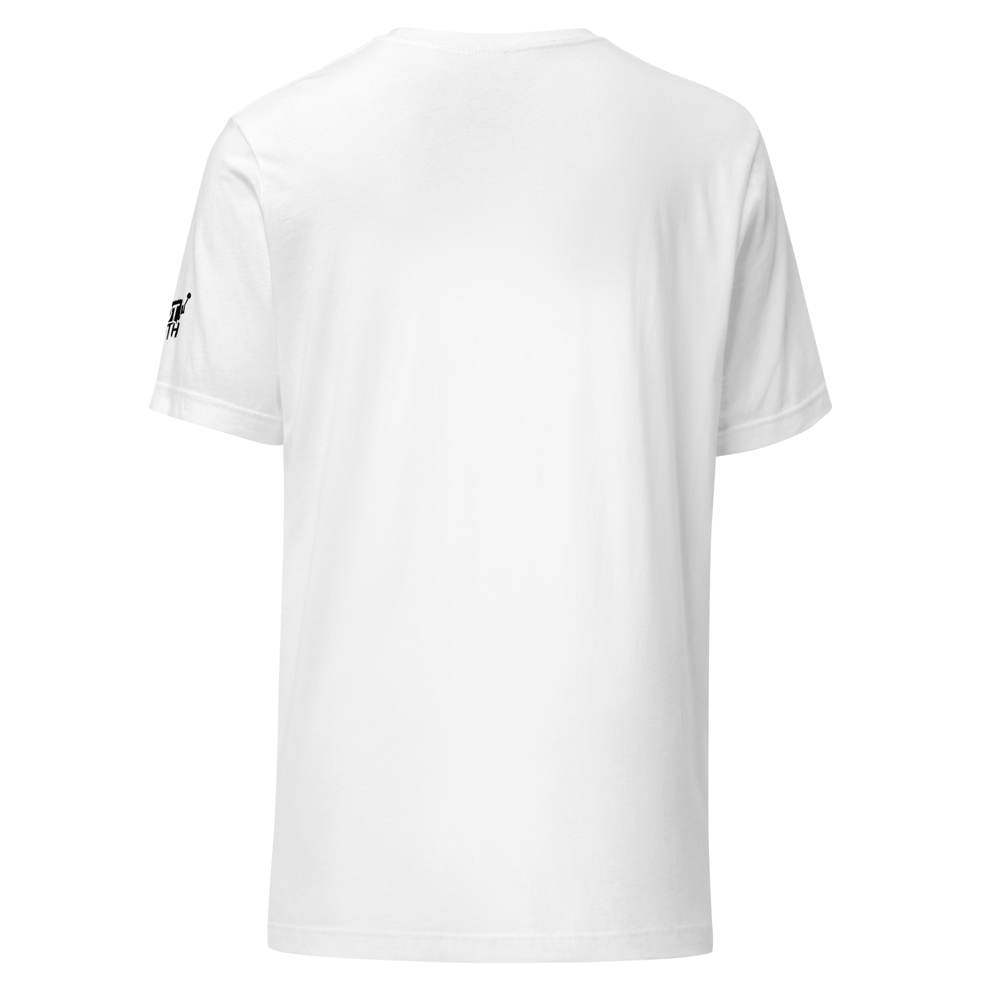White t-shirt with small black logo on sleeve, slot-themed design for players