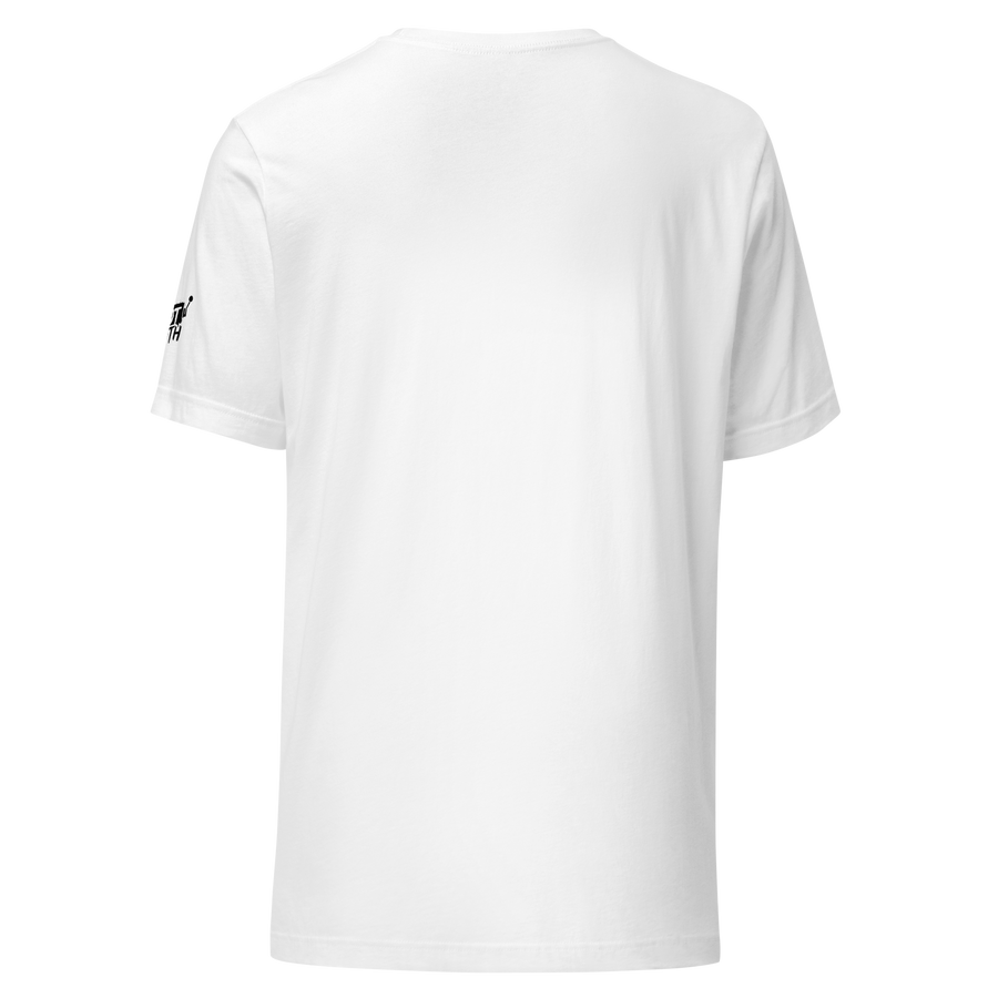 White t-shirt with small black logo on sleeve, slot-themed design for players
