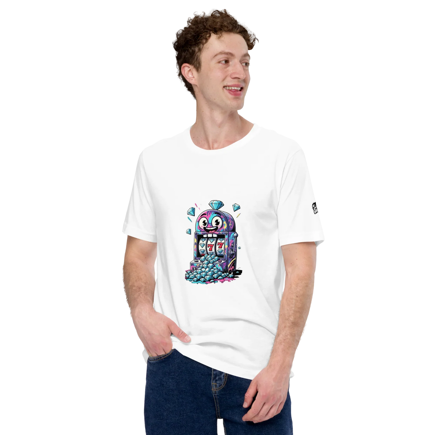 White t-shirt with colorful slot machine design featuring lucky 7s and diamonds for casino lovers