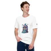White t-shirt with colorful slot machine design featuring lucky 7s and diamonds for casino lovers