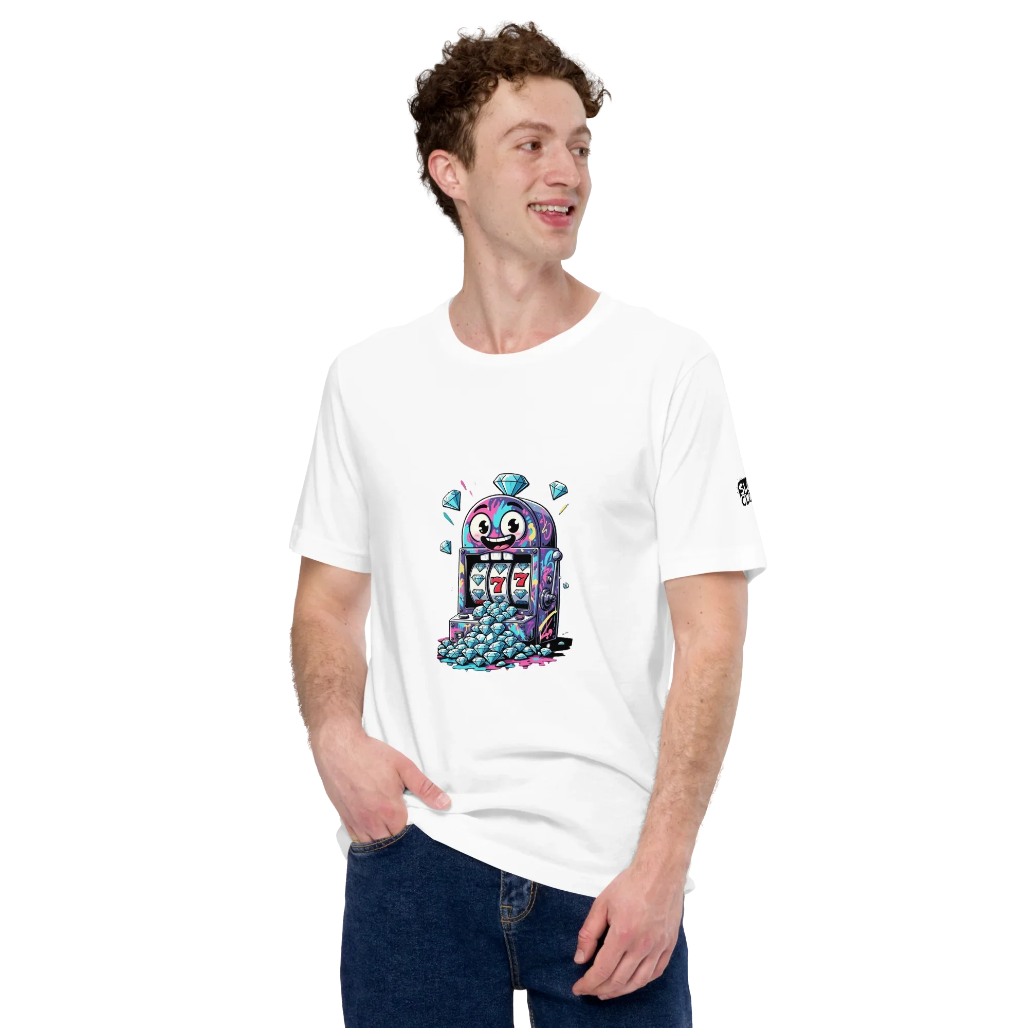 White t-shirt with colorful slot machine design featuring lucky 7s and diamonds for casino lovers