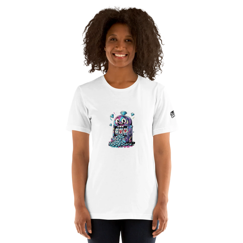 Woman wearing white t-shirt with colorful slot machine graphic, ideal for casino lovers and players.