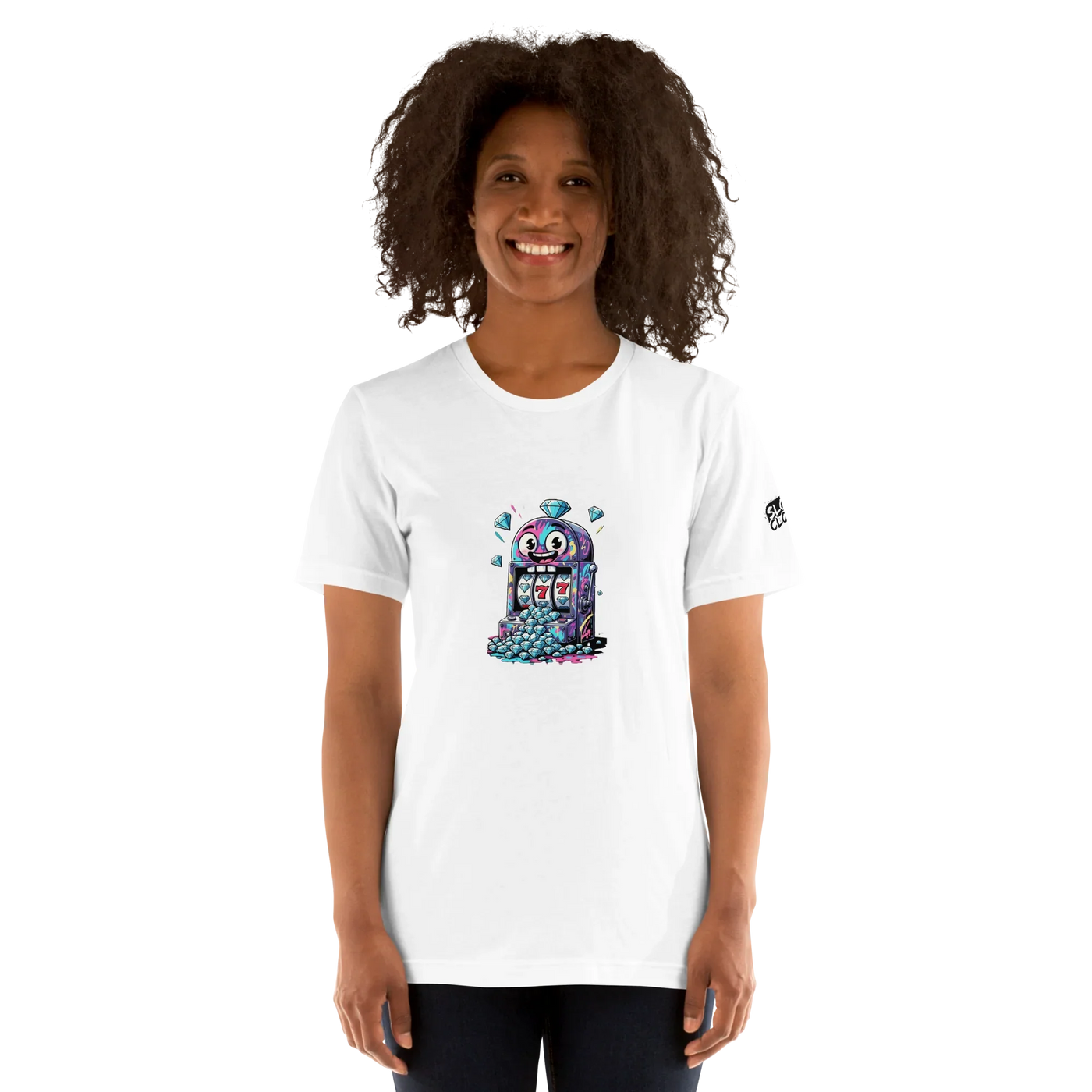 Woman wearing white t-shirt with colorful slot machine graphic, ideal for casino lovers and players.