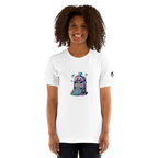 Woman wearing white t-shirt with colorful slot machine graphic, ideal for casino lovers and players.