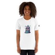Woman wearing white t-shirt with colorful slot machine graphic, ideal for casino lovers and players.