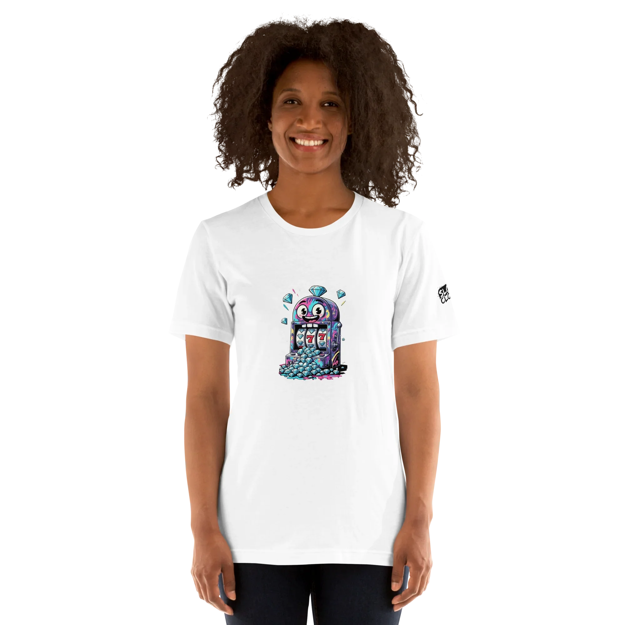 Woman wearing white t-shirt with colorful slot machine graphic, ideal for casino lovers and players.