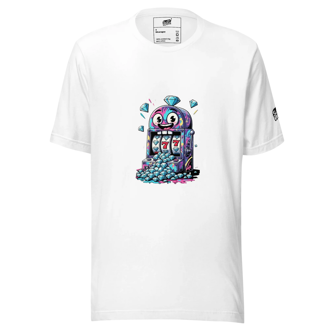 White t-shirt with colorful slot machine graphic, diamonds, and lucky 7s for casino fans and players