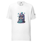 White t-shirt with colorful slot machine graphic, diamonds, and lucky 7s for casino fans and players