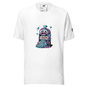 White t-shirt with colorful slot machine graphic, diamonds, and lucky 7s for casino fans and players