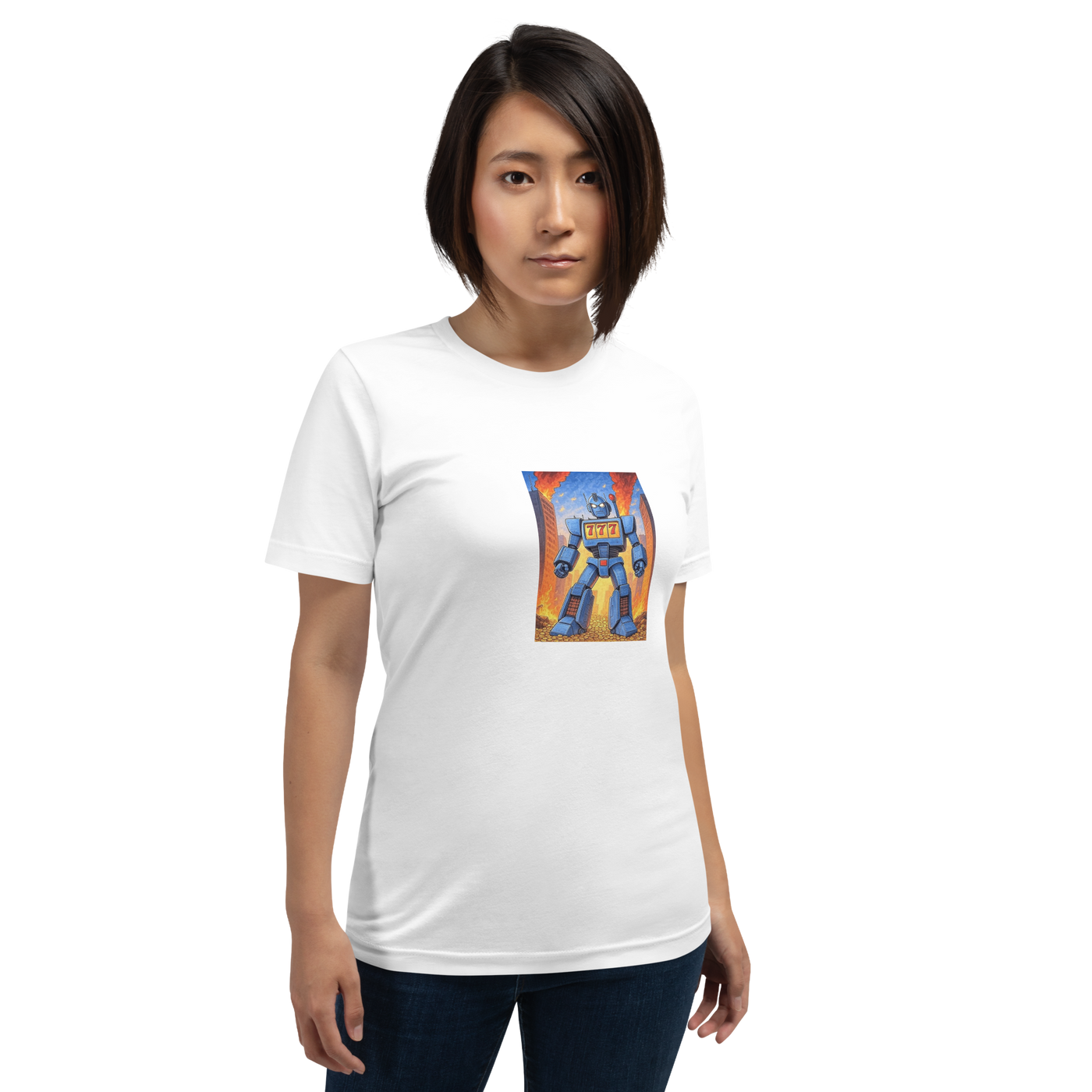 Woman wearing white t-shirt with blue robot and 777 slot machine design, quirky gaming apparel