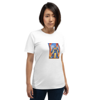 Woman wearing white t-shirt with blue robot and 777 slot machine design, quirky gaming apparel