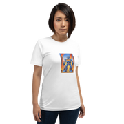 Woman wearing white t-shirt with blue robot and 777 slot machine design, quirky gaming apparel