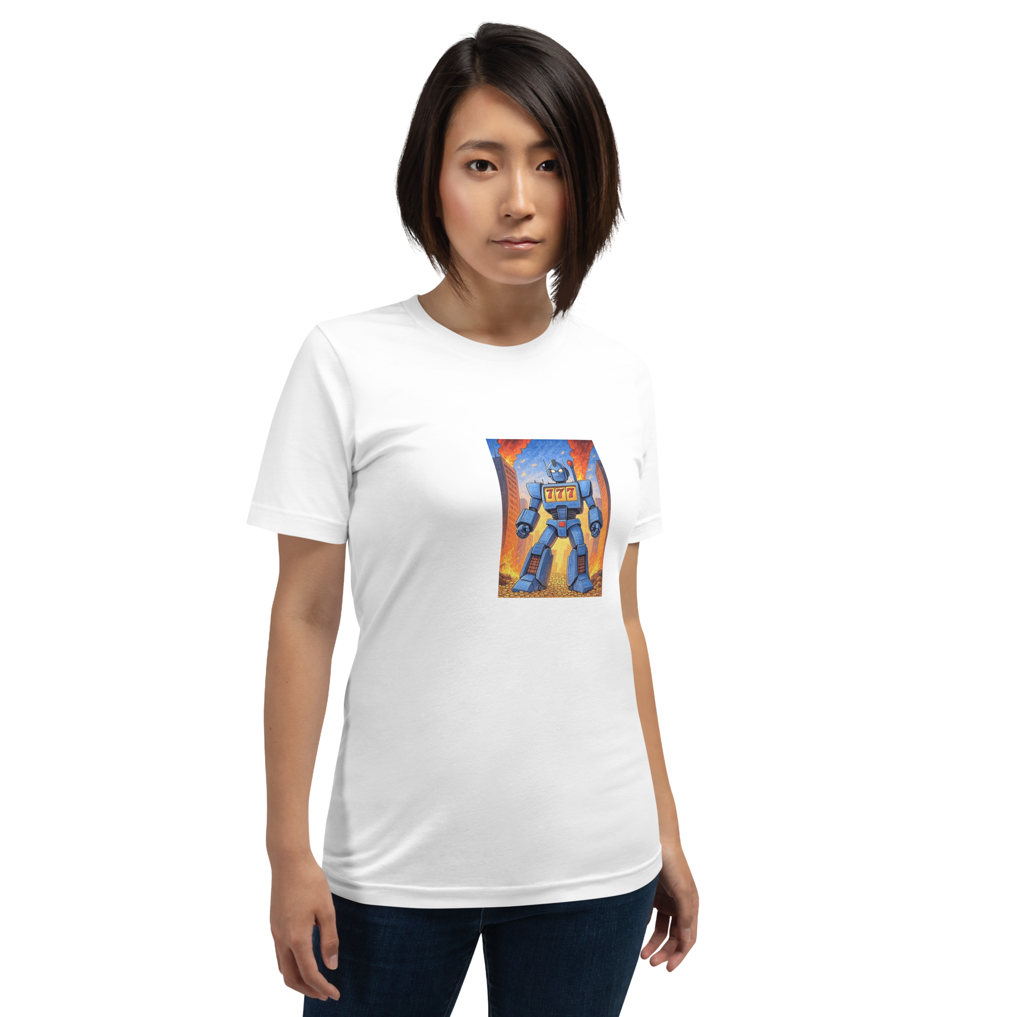 Woman wearing white t-shirt with blue robot and 777 slot machine design, quirky gaming apparel