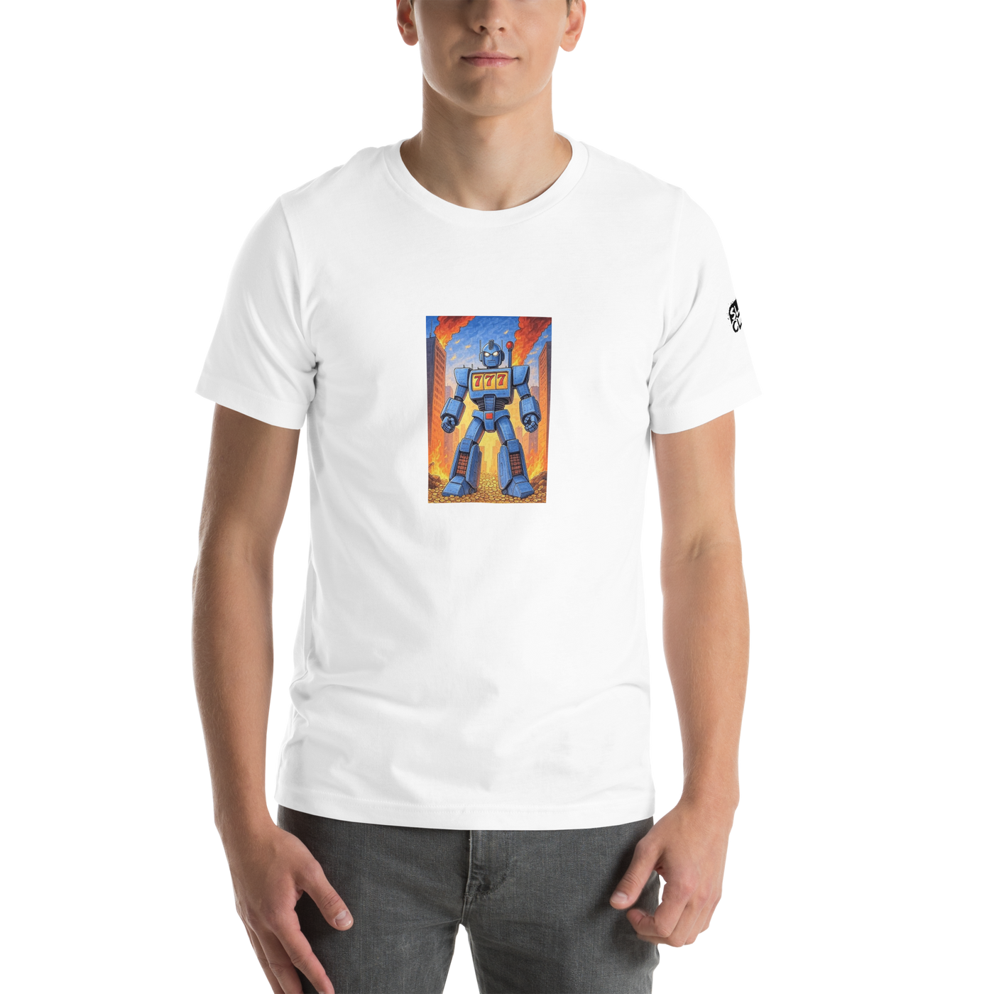 White t-shirt with blue robot slot machine design, 777 on chest, fiery city background