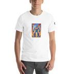 White t-shirt with blue robot slot machine design, 777 on chest, fiery city background