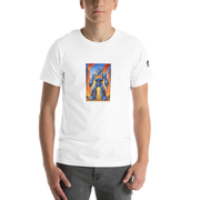 White t-shirt with blue robot slot machine design, 777 on chest, fiery city background