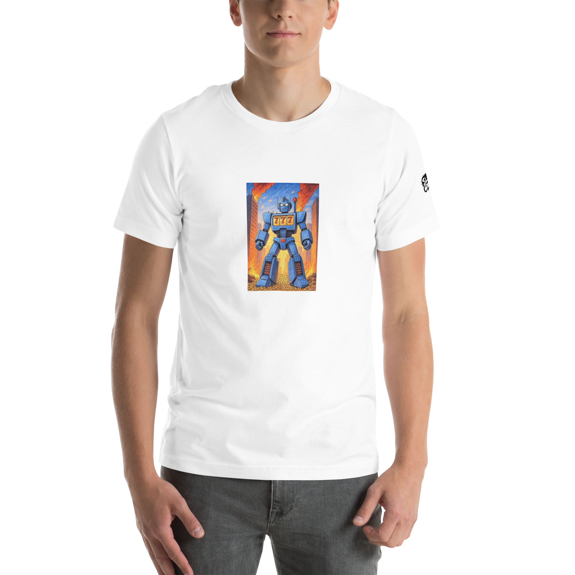 White t-shirt with blue robot slot machine design, 777 on chest, fiery city background