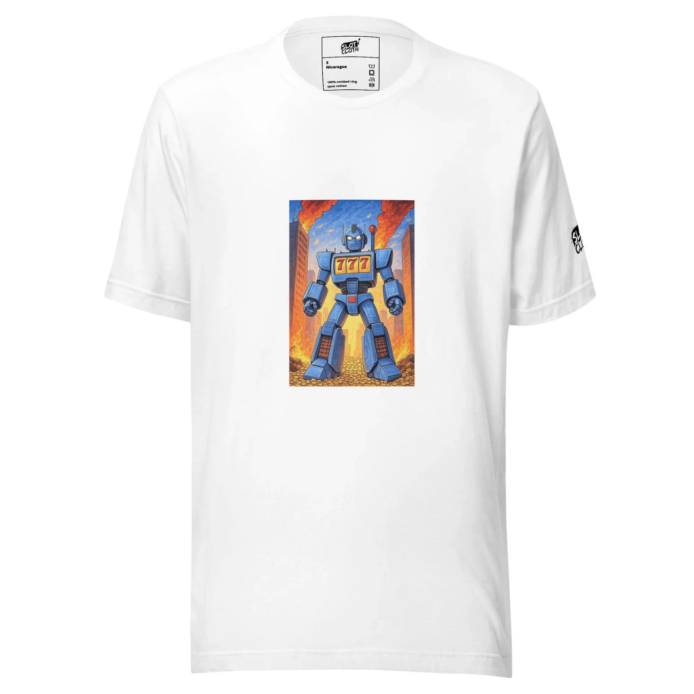 White t-shirt with blue robot design featuring 777, ideal for slot-themed fashion lovers