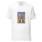 White t-shirt with blue robot design featuring 777, ideal for slot-themed fashion lovers
