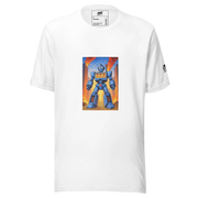 White t-shirt with blue robot design featuring 777, ideal for slot-themed fashion lovers
