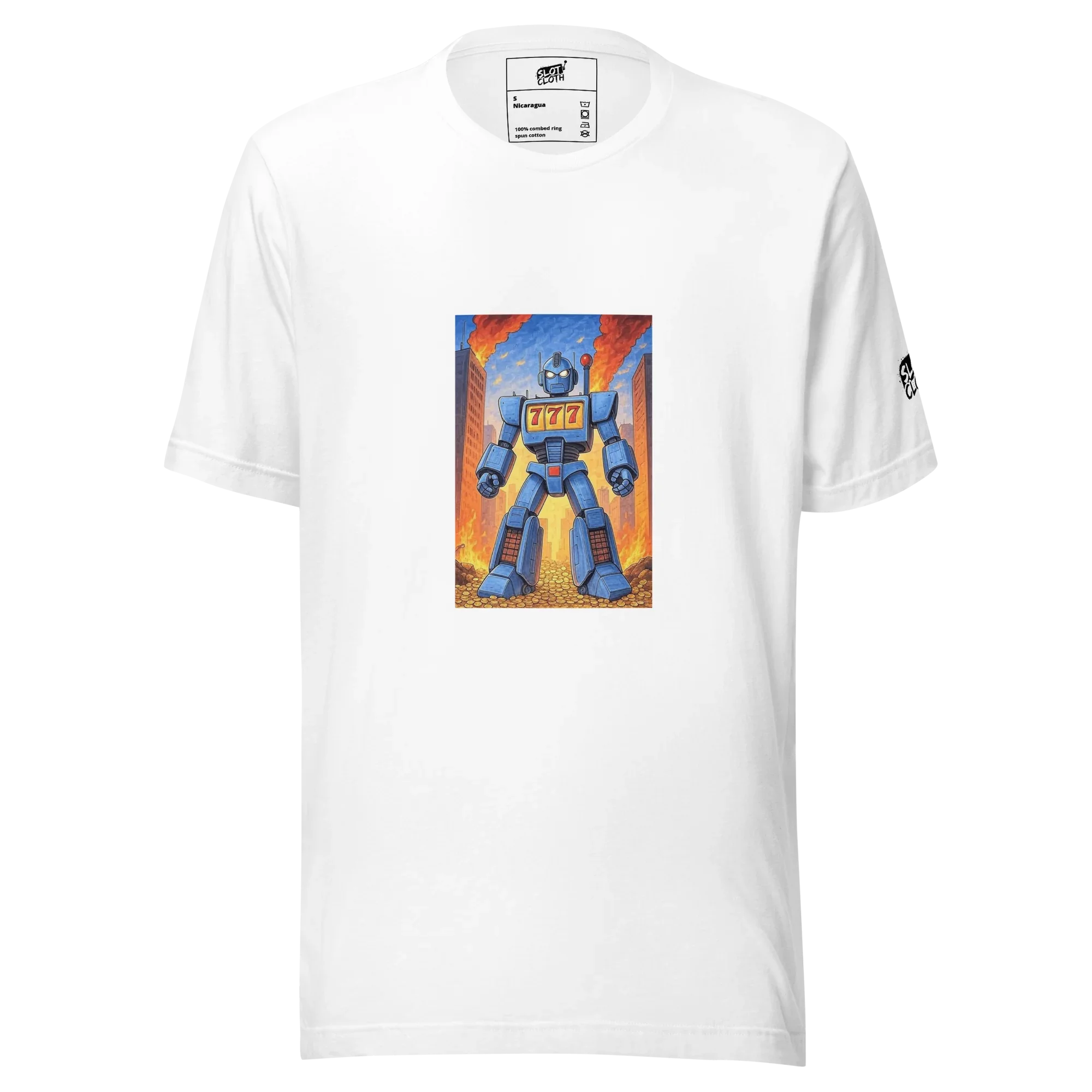 White t-shirt with blue robot design featuring 777, ideal for slot-themed fashion lovers