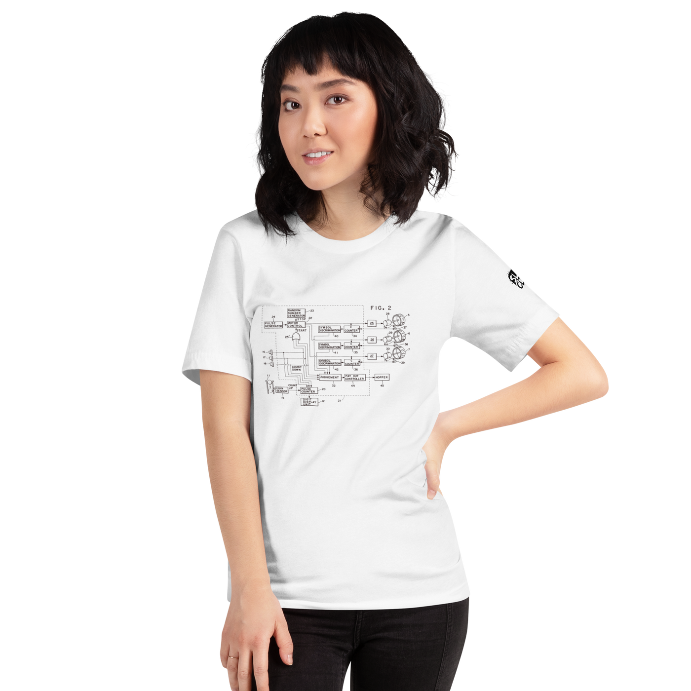 White t-shirt with vintage slot machine schematic diagram, quirky casino-themed apparel for players