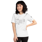 White t-shirt with vintage slot machine schematic diagram, quirky casino-themed apparel for players