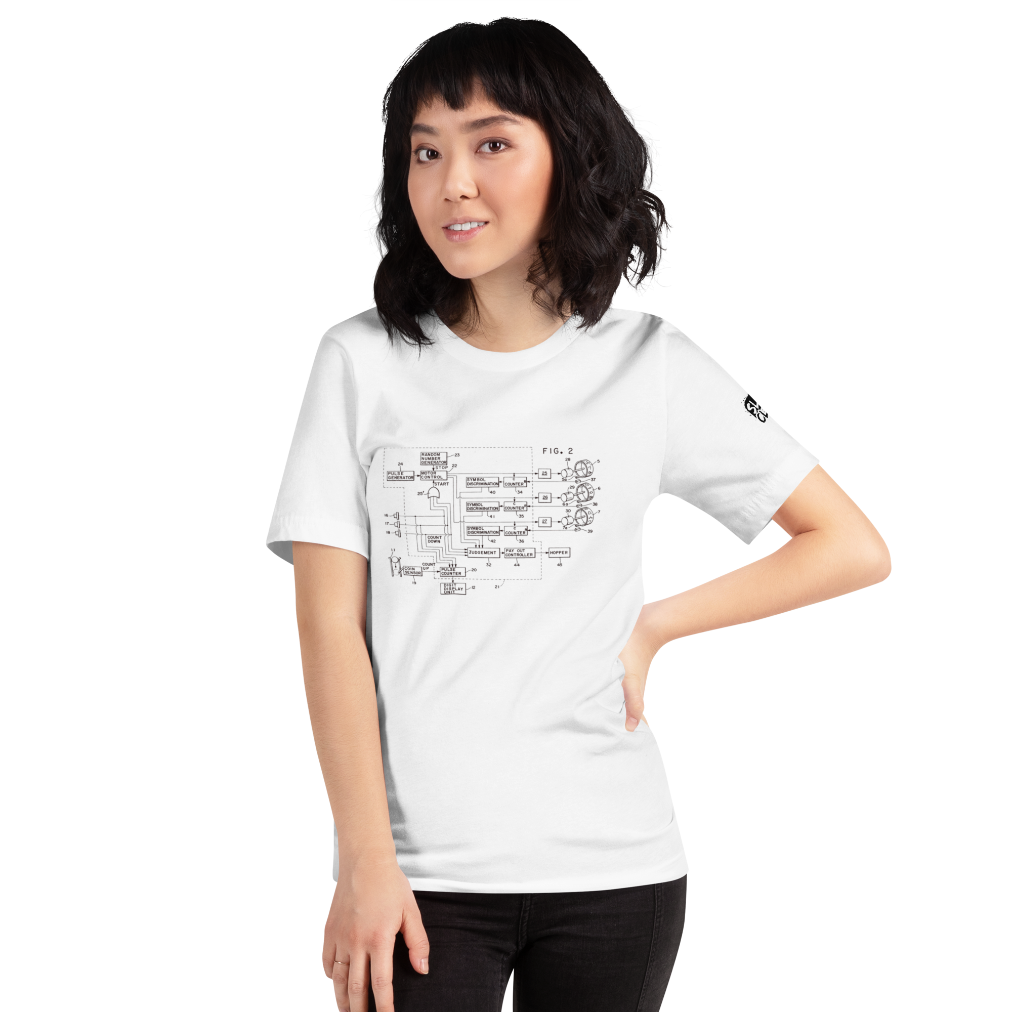 White t-shirt with vintage slot machine schematic diagram, quirky casino-themed apparel for players