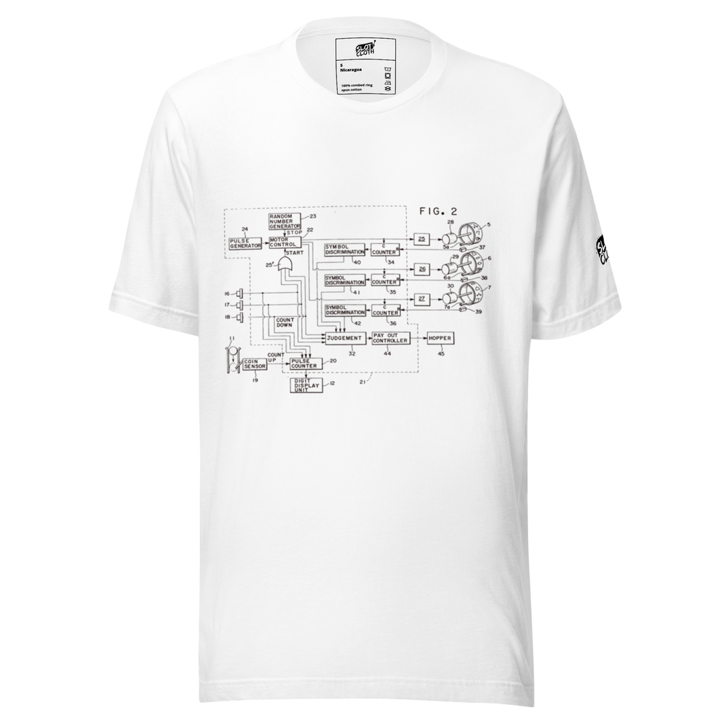 White t-shirt with vintage slot machine circuit diagram print, quirky gaming apparel for players
