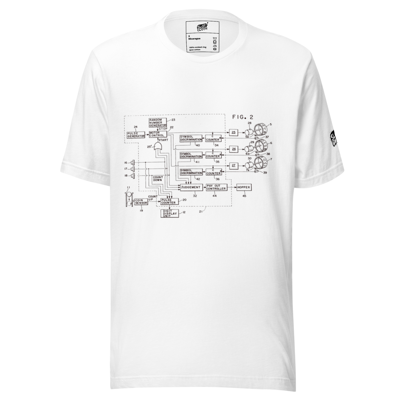 White t-shirt with vintage slot machine circuit diagram print, quirky gaming apparel for players