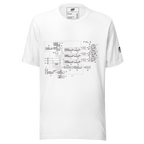 White t-shirt with vintage slot machine circuit diagram print, quirky gaming apparel for players