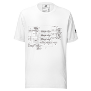 White t-shirt with vintage slot machine circuit diagram print, quirky gaming apparel for players